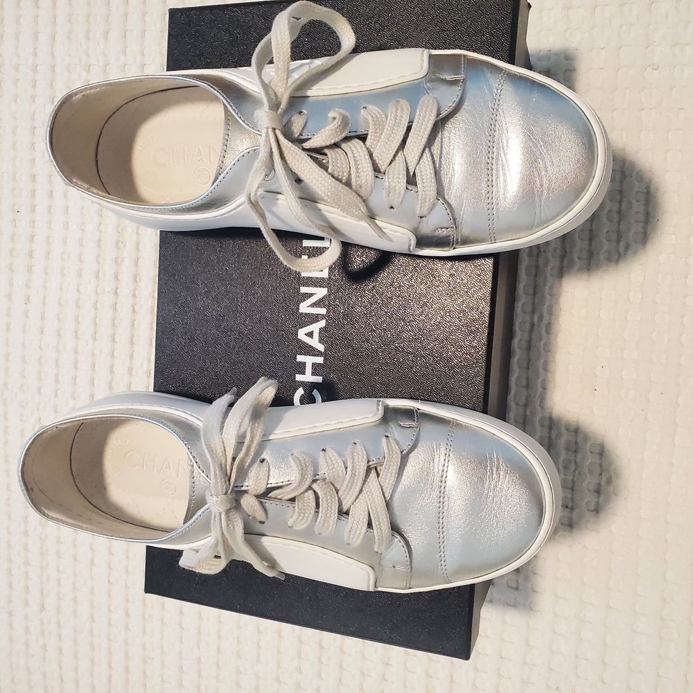 CHANEL Silver Metallic Sneakers Sporty Design